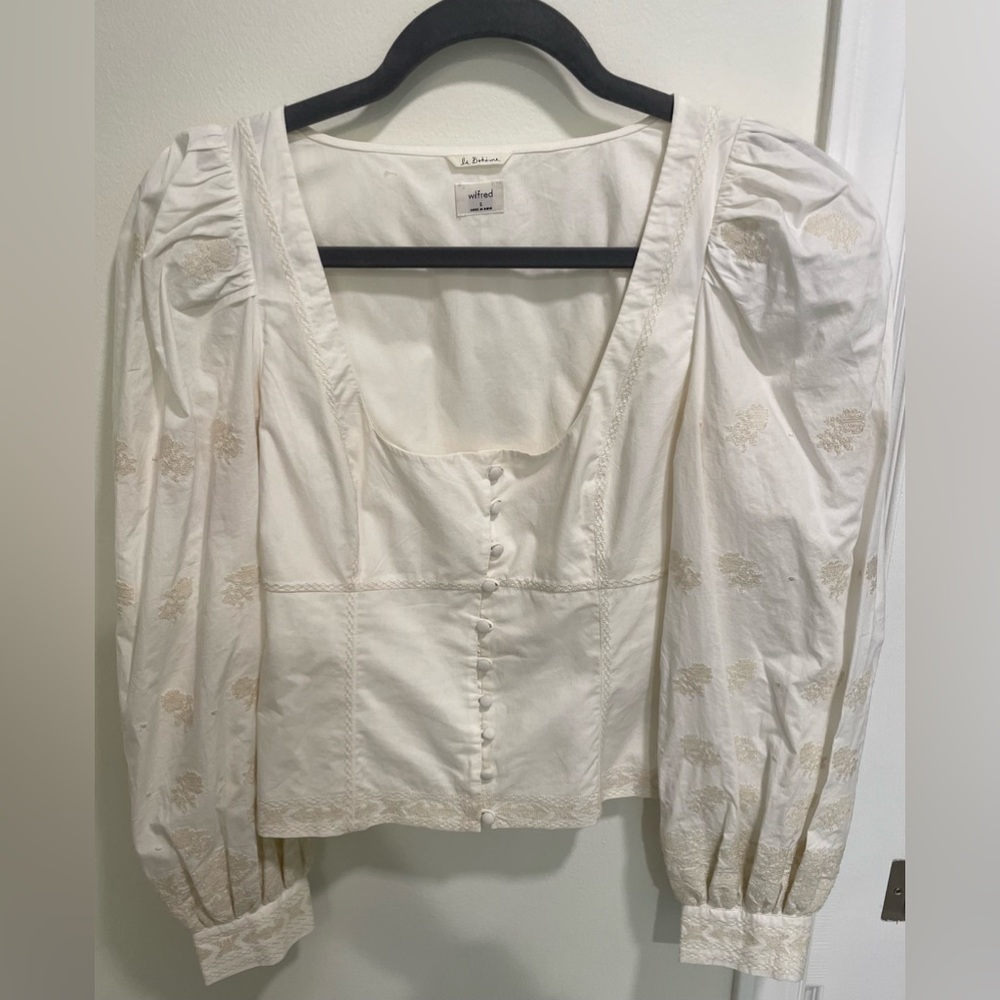 Aritzia embroidered button front top